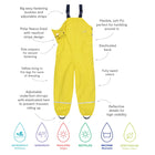 Puddleflex waterproof fleece lined dungarees in yellow, detailing adjustable straps, taped seams, fleece lining and waterproof rating.